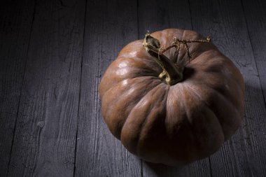 Ahşap bir masa siyah arka plan üst görünümünde Kabak. Kabak ile Cadılar Bayramı arka plan