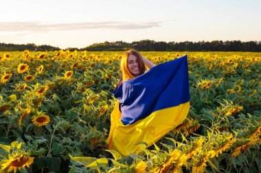 Ukrayna bayrağı taşıyan kız Ayçiçeklerinin arasında bir tarlada.