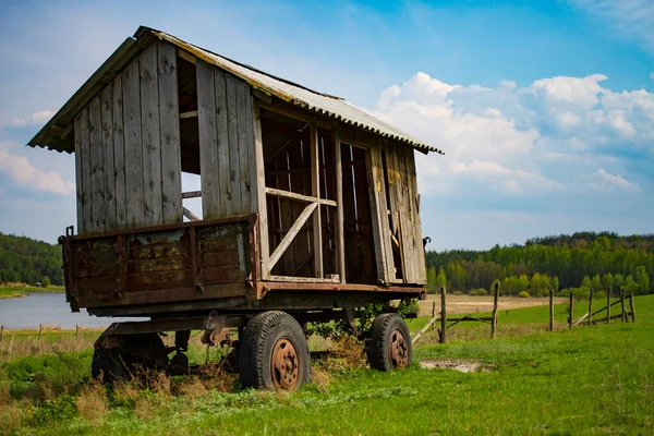 Old Wooden Wagon Green Meadow Lake — Stock Photo, Image