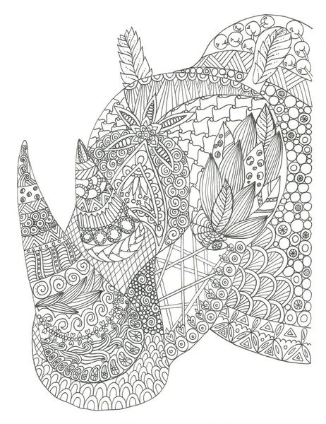 Noshörning Färgning Sida Bläck Konst Hand Drawn Illustration — Stockfoto