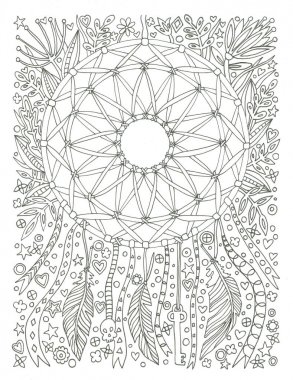 Dreamcatcher boyama sayfa ücretsiz el çizilmiş mürekkep illüstrasyon