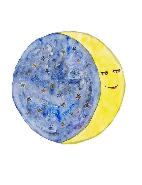 Moon Watercolor Illustration Hand Drawn — Stock Photo, Image