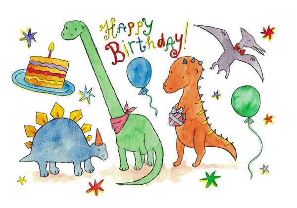Dinozorların doğum günü kartı suluboya el çizimi