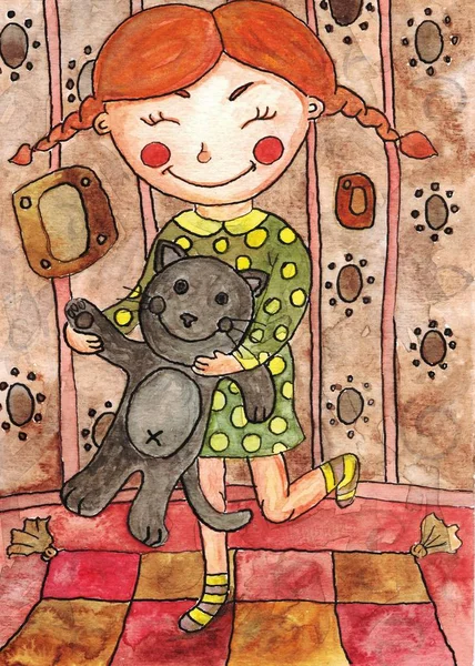 Dziewczyna Zabawką Akwarela Ręcznie Rysowane Ilustracja — Zdjęcie stockowe