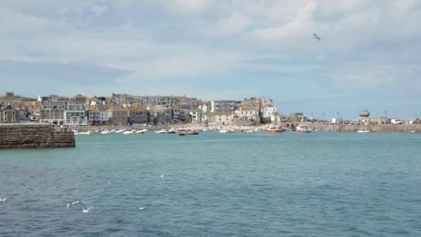 Small fishing boats floating in the harbour. — Stock Video