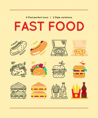 Fast food Line Simgeler iki stil varyasyonları ayarlayın