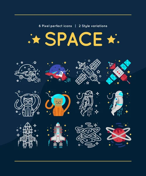 Space Line Icons Set Two Style Variations — Stock Vector