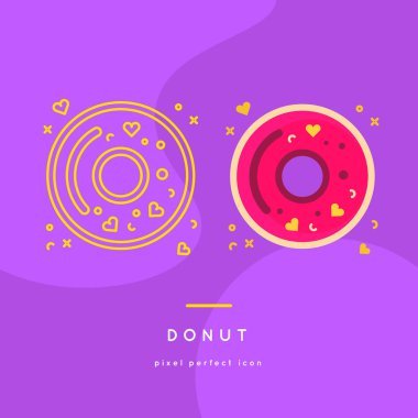 İki stil varyasyonları renkli sırlı donut. Tatlı düz simgeler. lezzetli tatlı fırın simgesi. Fast Food Line Simgeler Seti