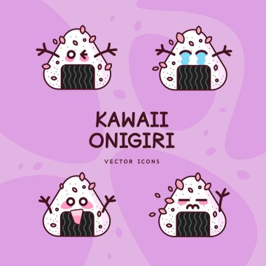 Sushi Onigiri Line Renk Simgeler - Japon çanak. Kawaii. Renkli vektör seti. Tüm öğeler izole edilmiştir