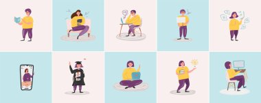 Şirin insanlar çalışma seti. Öğrenciler sınava çalışıyor ve hazırlanıyor. Vektör çizimi konsepti. Moda, iç mekan, kapak, tekstil veya arka plan için İskandinav İskandinav İskandinav tasarımı. 