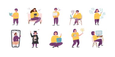 Şirin insanlar çalışma seti. Öğrenciler sınava çalışıyor ve hazırlanıyor. Vektör çizimi konsepti. Moda, iç mekan, kapak, tekstil veya arka plan için İskandinav İskandinav İskandinav tasarımı. 