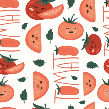 Taze kırmızı domates vektör çizimleri. Kusursuz bir arka plan. Moda, iç mekan, kapak veya tekstil için İskandinav karikatür çizimi.