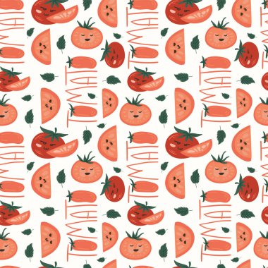 Taze kırmızı domates vektör çizimleri. Kusursuz bir arka plan. Moda, iç mekan, kapak veya tekstil için İskandinav karikatür çizimi.