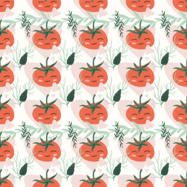 Taze kırmızı domates vektör çizimleri. Kusursuz bir arka plan. Moda, iç mekan, kapak veya tekstil için İskandinav karikatür çizimi.