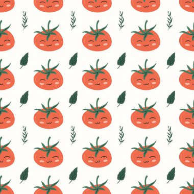 Taze kırmızı domates vektör çizimleri. Kusursuz bir arka plan. Moda, iç mekan, kapak veya tekstil için İskandinav karikatür çizimi.