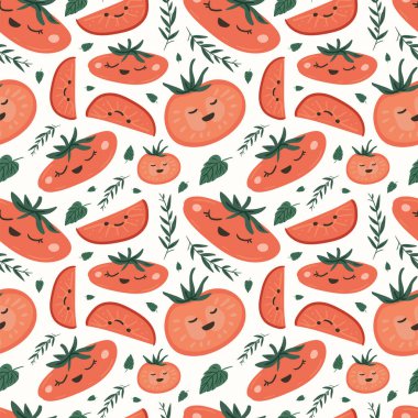 Taze kırmızı domates vektör çizimleri. Kusursuz bir arka plan. Moda, iç mekan, kapak veya tekstil için İskandinav karikatür çizimi.