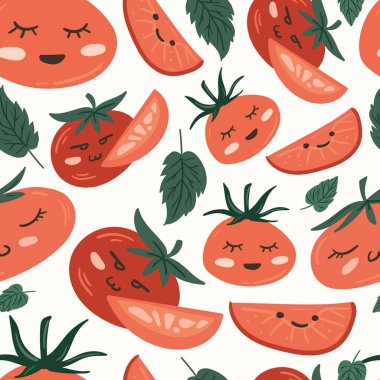 Taze kırmızı domates vektör çizimleri. Kusursuz bir arka plan. Moda, iç mekan, kapak veya tekstil için İskandinav karikatür çizimi.