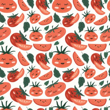 Taze kırmızı domates vektör çizimleri. Kusursuz bir arka plan. Moda, iç mekan, kapak veya tekstil için İskandinav karikatür çizimi.