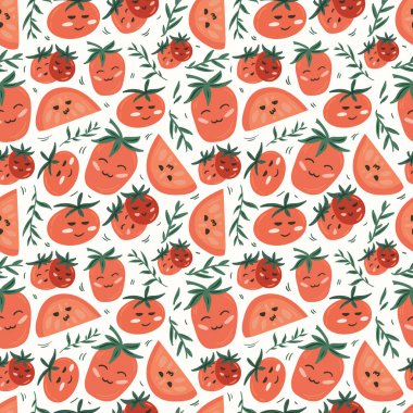 Taze kırmızı domates vektör çizimleri. Kusursuz bir arka plan. Moda, iç mekan, kapak veya tekstil için İskandinav karikatür çizimi.