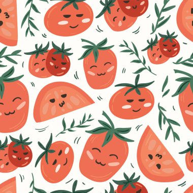 Taze kırmızı domates vektör çizimleri. Kusursuz bir arka plan. Moda, iç mekan, kapak veya tekstil için İskandinav karikatür çizimi.