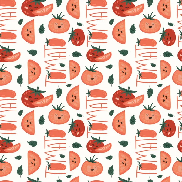 Taze kırmızı domates vektör çizimleri. Kusursuz bir arka plan. Moda, iç mekan, kapak veya tekstil için İskandinav karikatür çizimi.