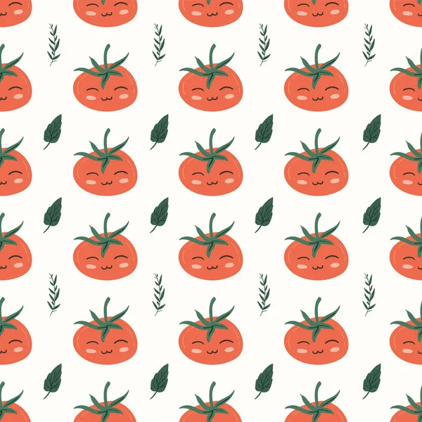 Taze kırmızı domates vektör çizimleri. Kusursuz bir arka plan. Moda, iç mekan, kapak veya tekstil için İskandinav karikatür çizimi.
