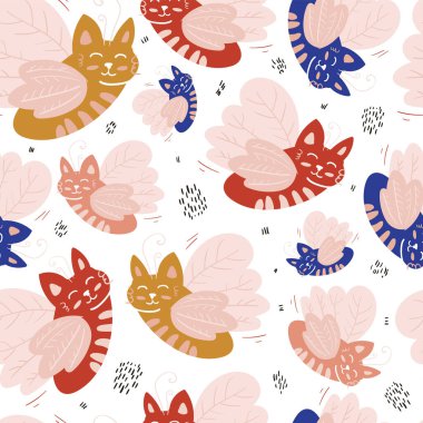 Vektörsüz desen tasarımı. Beyaz arka planda izole edilmiş sevimli ve komik kediler. Şapkalı ve gözlüklü moda hayvanlar. Yaratıcı çocuksu pembe doku. Kumaş ve tekstil için harika..