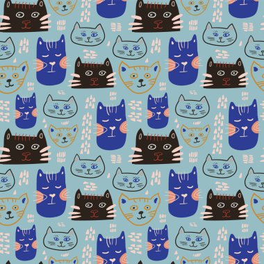 Vektörsüz desen tasarımı. Beyaz arka planda izole edilmiş sevimli ve komik kediler. Şapkalı ve gözlüklü moda hayvanlar. Yaratıcı çocuksu pembe doku. Kumaş ve tekstil için harika..