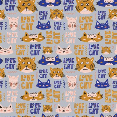 Vektörsüz desen tasarımı. Beyaz arka planda izole edilmiş sevimli ve komik kediler. Şapkalı ve gözlüklü moda hayvanlar. Yaratıcı çocuksu pembe doku. Kumaş ve tekstil için harika..