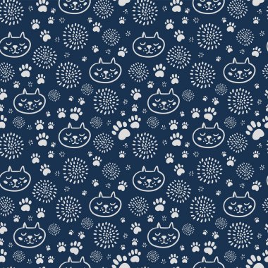 Vektörsüz desen tasarımı. Beyaz arka planda izole edilmiş sevimli ve komik kediler. Şapkalı ve gözlüklü moda hayvanlar. Yaratıcı çocuksu pembe doku. Kumaş ve tekstil için harika..