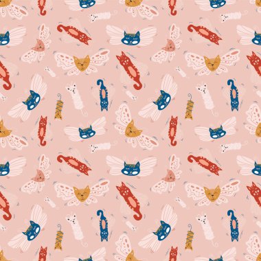 Vektörsüz desen tasarımı. Beyaz arka planda izole edilmiş sevimli ve komik kediler. Şapkalı ve gözlüklü moda hayvanlar. Yaratıcı çocuksu pembe doku. Kumaş ve tekstil için harika..