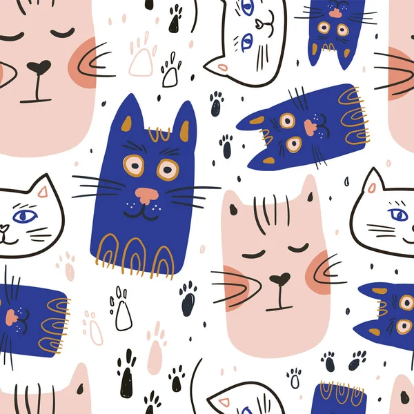 Vektörsüz desen tasarımı. Beyaz arka planda izole edilmiş sevimli ve komik kediler. Şapkalı ve gözlüklü moda hayvanlar. Yaratıcı çocuksu pembe doku. Kumaş ve tekstil için harika..