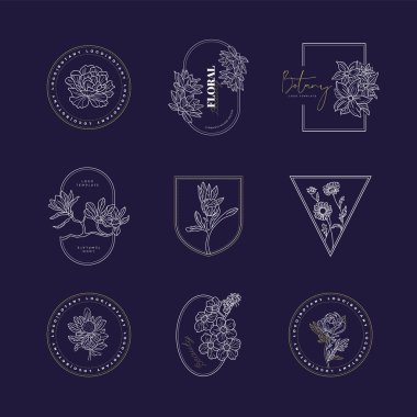 Soyut Çiçek Vektör İşaretleri veya Logo Şablonları. Klasik tipografi ile Retro Floral Illustration. Kadın logosu. Çiçekçi, fotoğrafçı, moda blogcusu, tasarım stüdyosu için Modern Logo Şablonu.