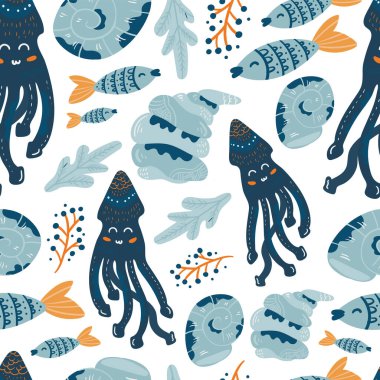 Yaz vektör çizimleri. Kusursuz bir arka plan. Moda, iç mekan, kapak veya tekstil için İskandinav karikatür çizimi.