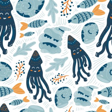 Yaz vektör çizimleri. Kusursuz bir arka plan. Moda, iç mekan, kapak veya tekstil için İskandinav karikatür çizimi.