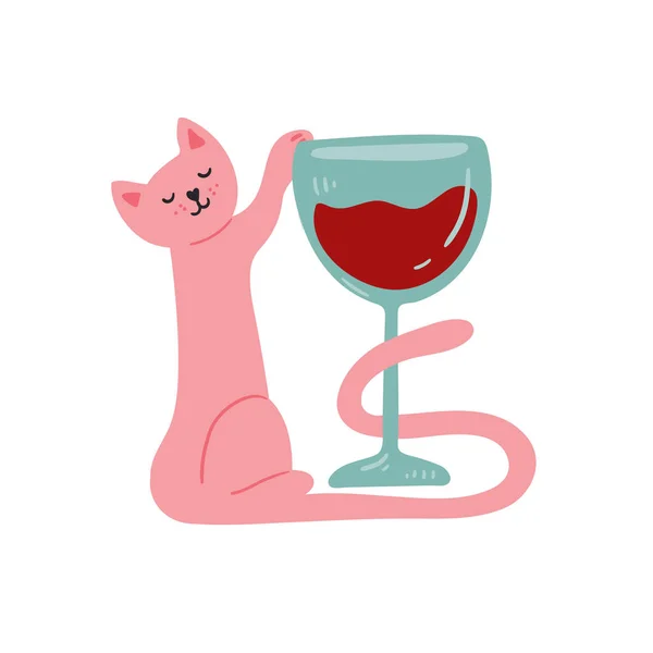 Gato Copo Vinho Isolado Ilustração Vetorial Cartaz Tipográfico Colorido Engraçado — Vetor de Stock