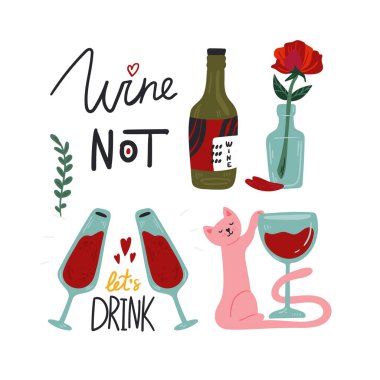 Kırmızı şarap seti. İzole Vektör çizimi. Komik renkli tipografi posteri, giysi baskısı tasarımı. Bar, iç veya kapak, tekstil veya arkaplan için İskandinav İskandinav kuzey tasarımı.