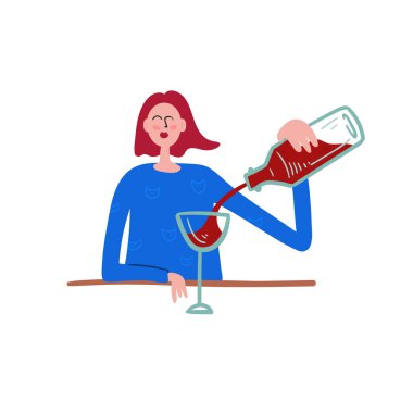 Bir bardak şarabı olan bir kız. İzole Vektör çizimi. Komik renkli tipografi posteri, giysi baskısı tasarımı. Bar, iç veya kapak, tekstil veya arkaplan için İskandinav İskandinav kuzey tasarımı.