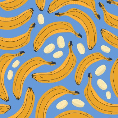 Muz vektör çizimleri. Kusursuz bir arka plan. Moda, iç mekan, kapak veya tekstil için İskandinav karikatür çizimi.