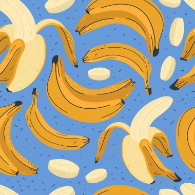 Muz vektör çizimleri. Kusursuz bir arka plan. Moda, iç mekan, kapak veya tekstil için İskandinav karikatür çizimi.