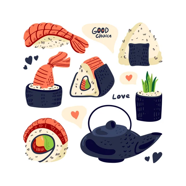 Sushi Comida Japonesa Isolado Ilustração Vetorial Cartaz Tipográfico Colorido Engraçado — Vetor de Stock