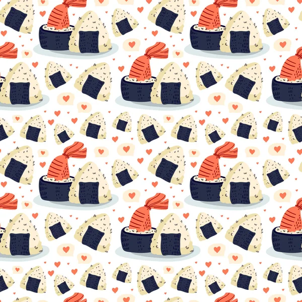 Sushi Sömlöst Mönster Japansk Mat Vektorillustration Rolig Färgad Typografi Affisch — Stock vektor