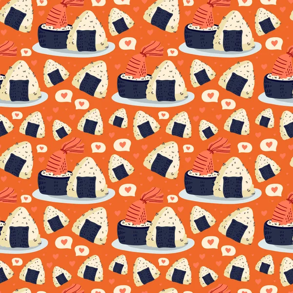 Sushi Seamless Pattern Japanese Food Vector Illustration Funny Colored Typography — Stock Vector