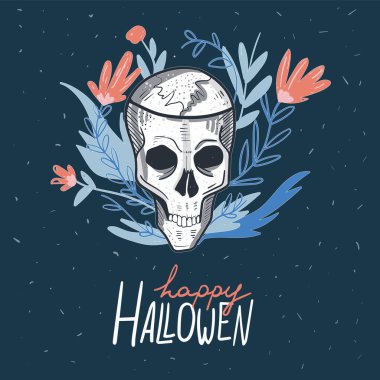 Cadılar Bayramı Tasarım Elementleri Seti. El Çizimi Çizimi Karikatür. Vektör çizimi. Renkli tipografi posteri. Sosyal madia iletisinin şablonu. Tebrik kartı, etiket, parti davetiyesi için şirin tasarım..