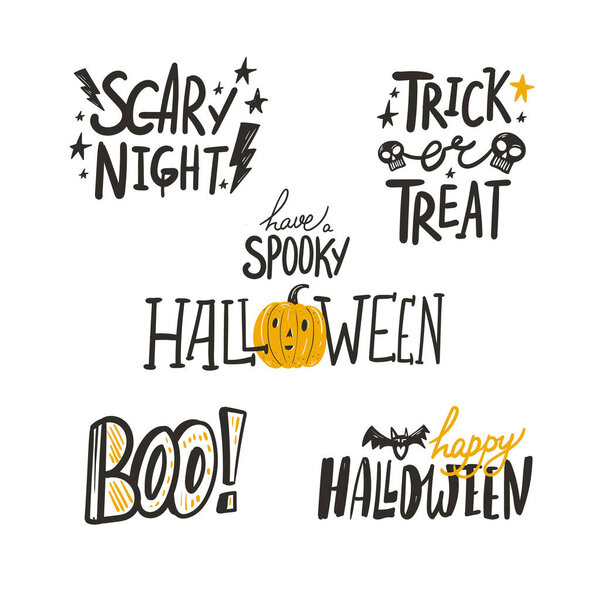 Halloween Lettering handwritten quote. Hand Drawn Cartoon Doodles. Vector illustration. Colored typography poster. Template social madia post. Cute design for greeting card, sticker, party invitation.