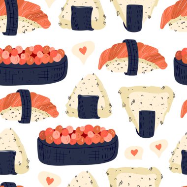 Suşi kusursuz desen. Japon yemeği. Vektör çizimi. Komik renkli tipografi posteri, giysi baskısı tasarımı. Bar, iç veya kapak, tekstil veya arkaplan için İskandinav İskandinav kuzey tasarımı.