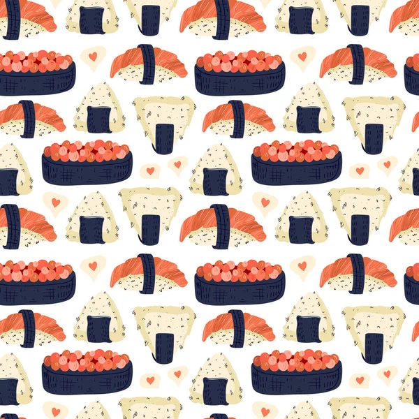 Sushi Seamless Pattern Japanese Food Vector Illustration Funny Colored Typography — Stock Vector