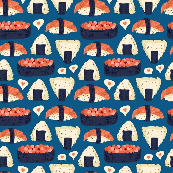 Sushi Sömlöst Mönster Japansk Mat Vektorillustration Rolig Färgad Typografi Affisch — Stock vektor