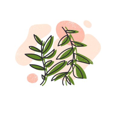 İskandinav tarzında el çizimi. Tropikal yapraklar, grunge, mermer dokular, karalamalar, asgari elementlerle modern vektör çizimi.