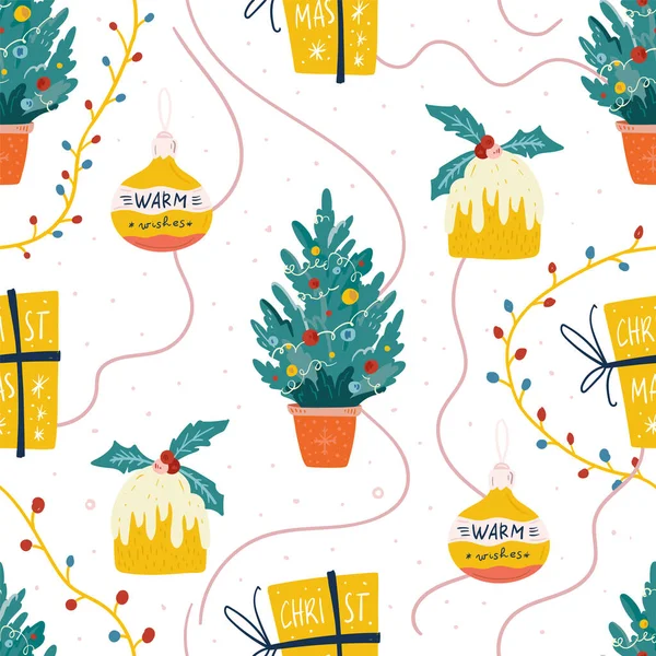 Merry Christmas Happy New Year Seamless Pattern Illustration Trendy Style — Stock Vector